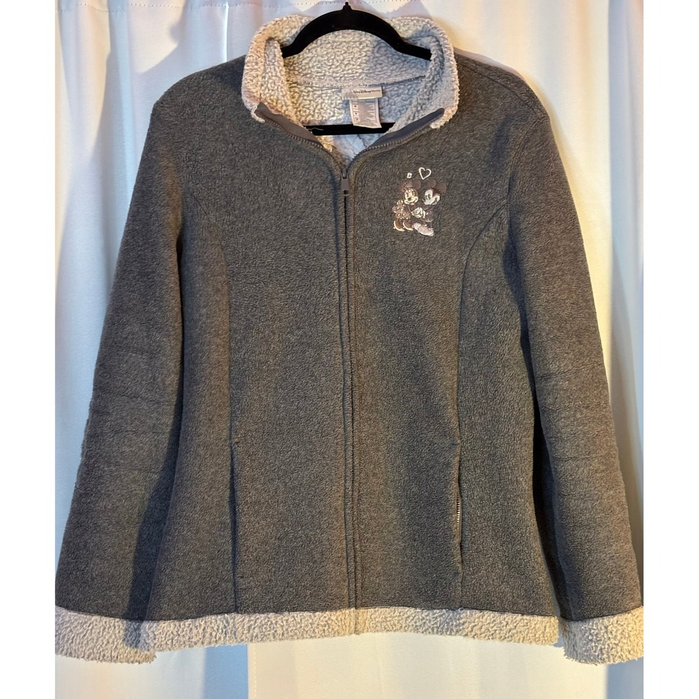 Walt Disney World Mickey Minnie Mouse Gray Fleece Sherpa Trim Jacket Womens M